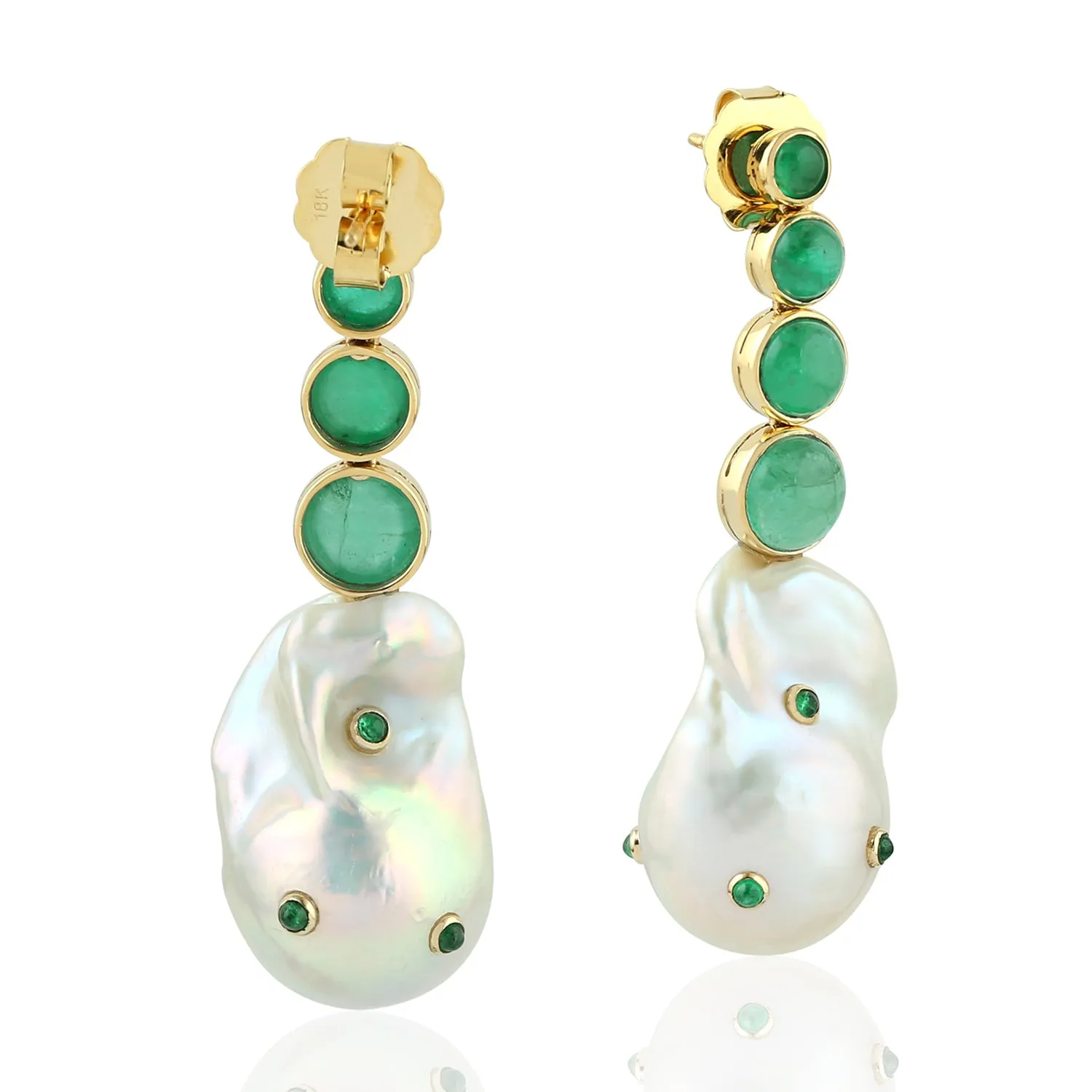 Unshaped Pearl Bezel Set Emerald Drop/Dangle In Yellow Gold Handmade Jewelry