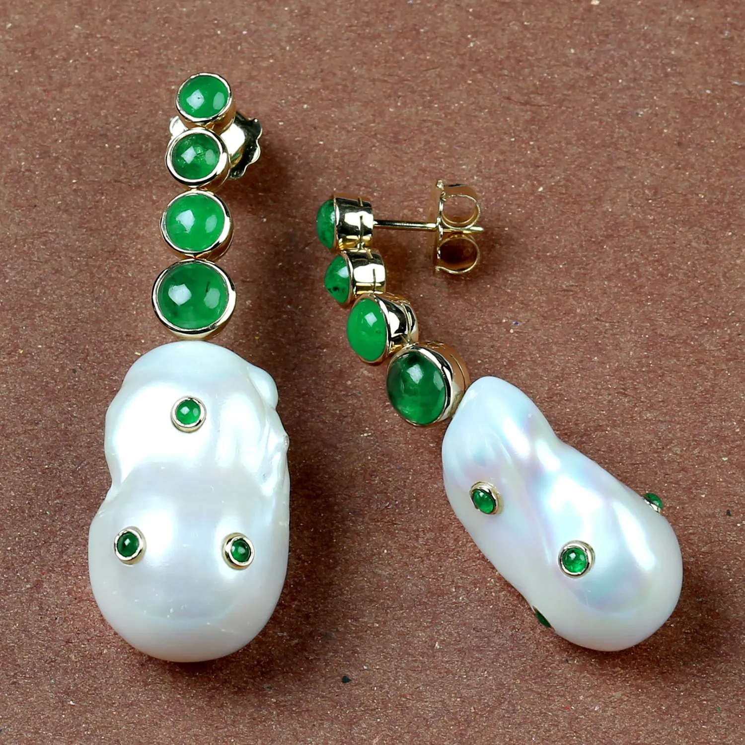 Unshaped Pearl Bezel Set Emerald Drop/Dangle In Yellow Gold Handmade Jewelry