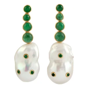 Unshaped Pearl Bezel Set Emerald Drop/Dangle In Yellow Gold Handmade Jewelry
