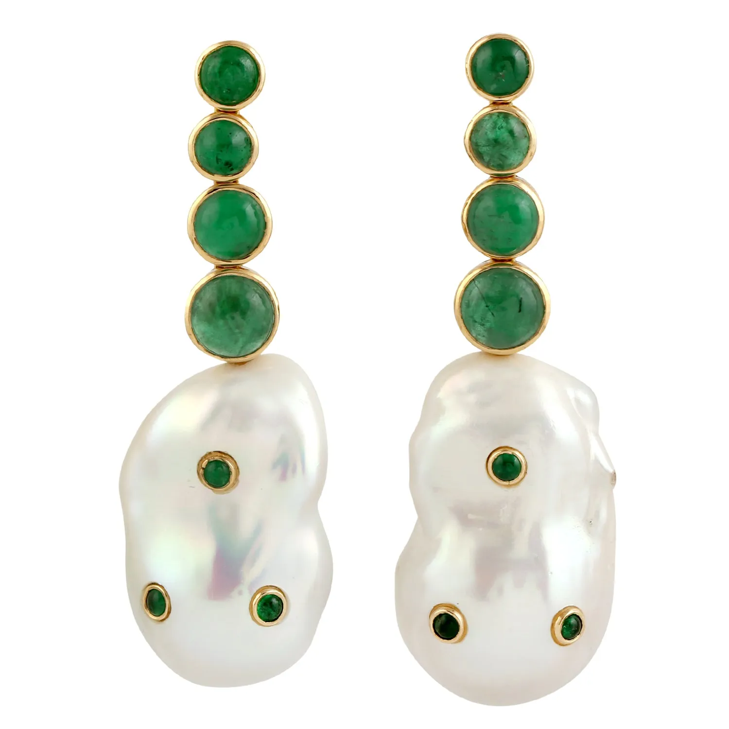Unshaped Pearl Bezel Set Emerald Drop/Dangle In Yellow Gold Handmade Jewelry