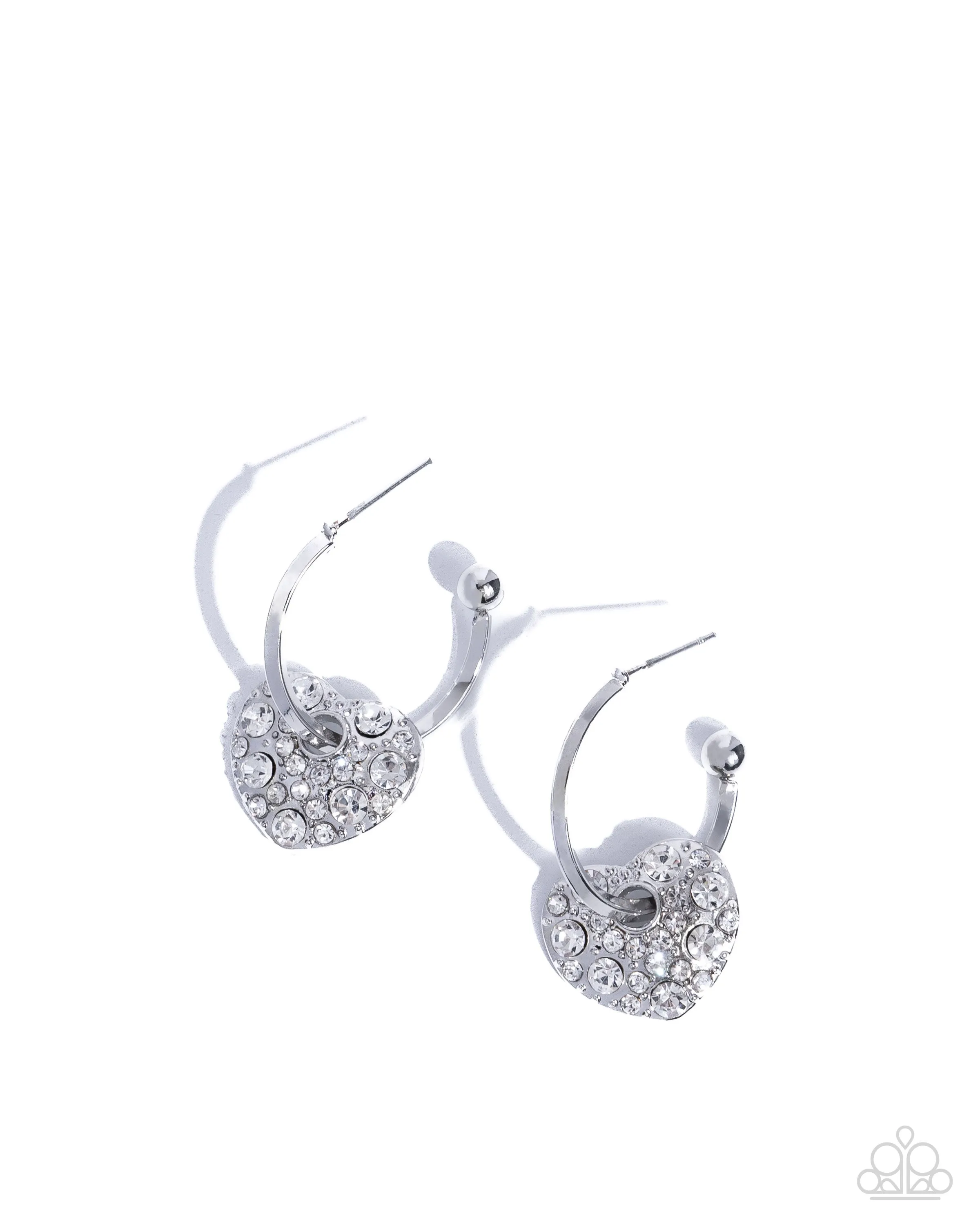 Valentines Valor - White - Rhinestone Heart Paparazzi Drop Hoop Earrings