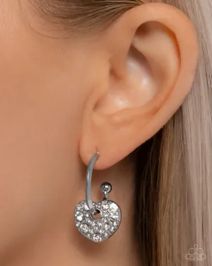 Valentines Valor - White - Rhinestone Heart Paparazzi Drop Hoop Earrings