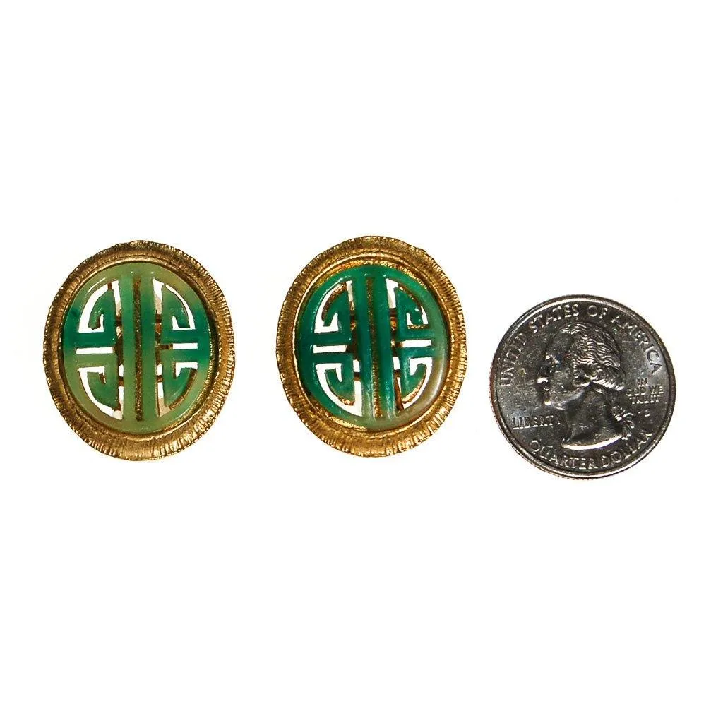 Vendome Asian Inspired Earrings, Clip On, Faux Jade, Gold Tone, Orientalism, 1960s, Clip On, Designer Vintage Jewelry