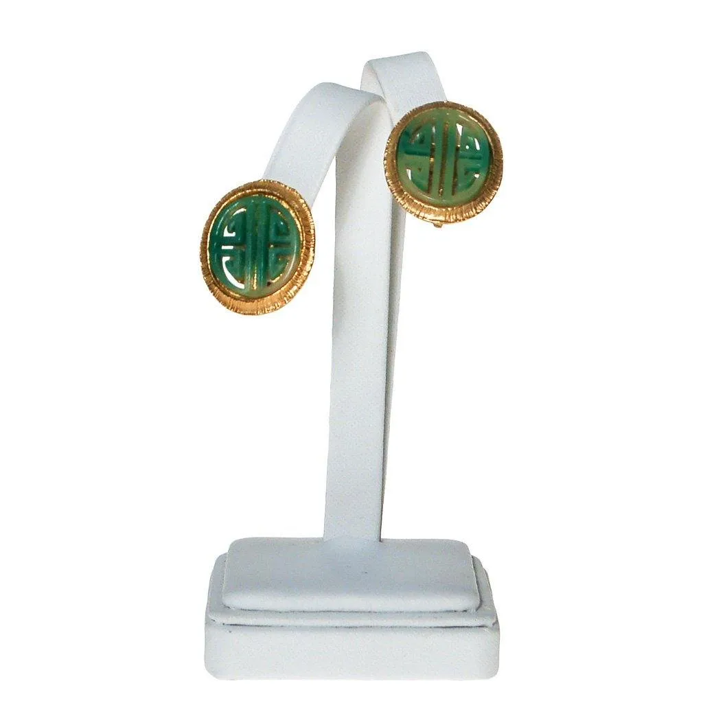 Vendome Asian Inspired Earrings, Clip On, Faux Jade, Gold Tone, Orientalism, 1960s, Clip On, Designer Vintage Jewelry