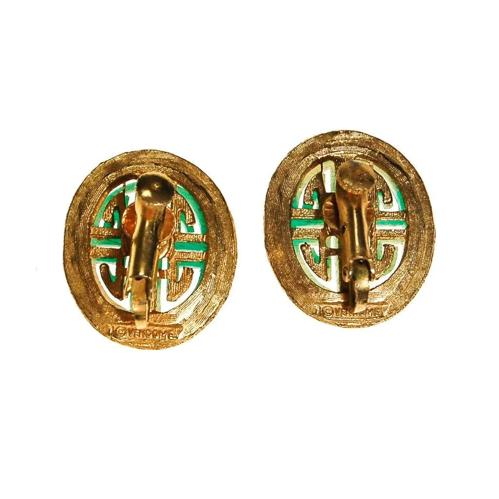 Vendome Asian Inspired Earrings, Clip On, Faux Jade, Gold Tone, Orientalism, 1960s, Clip On, Designer Vintage Jewelry