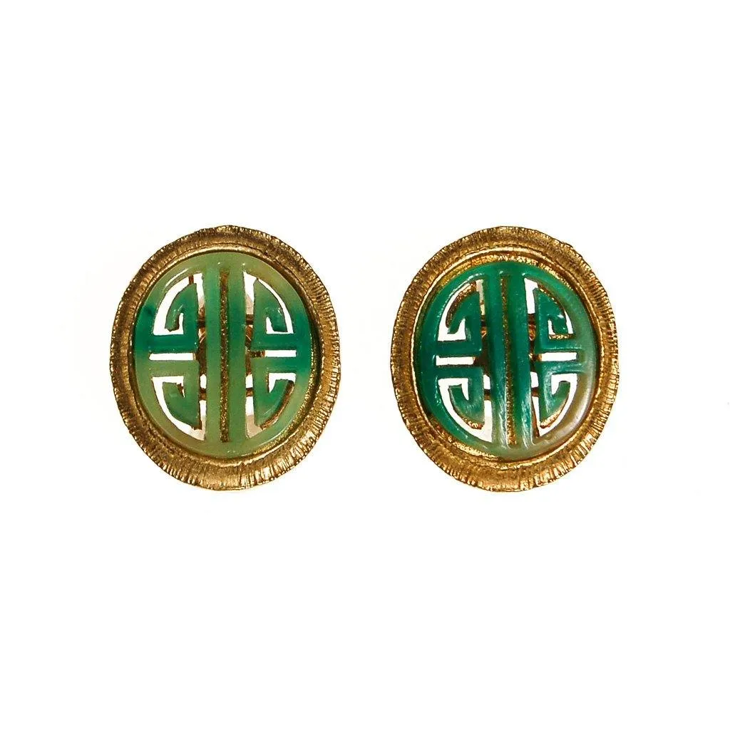 Vendome Asian Inspired Earrings, Clip On, Faux Jade, Gold Tone, Orientalism, 1960s, Clip On, Designer Vintage Jewelry