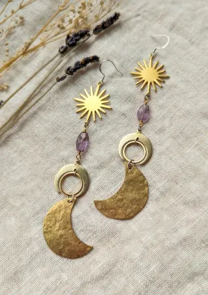 Venus Amethyst Hammered Brass Earrings