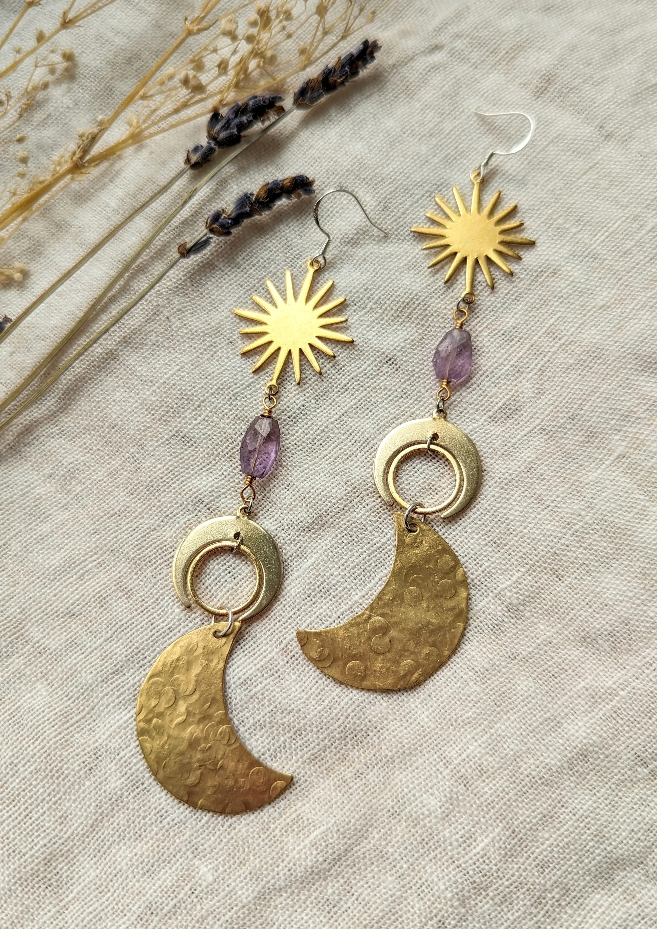 Venus Amethyst Hammered Brass Earrings