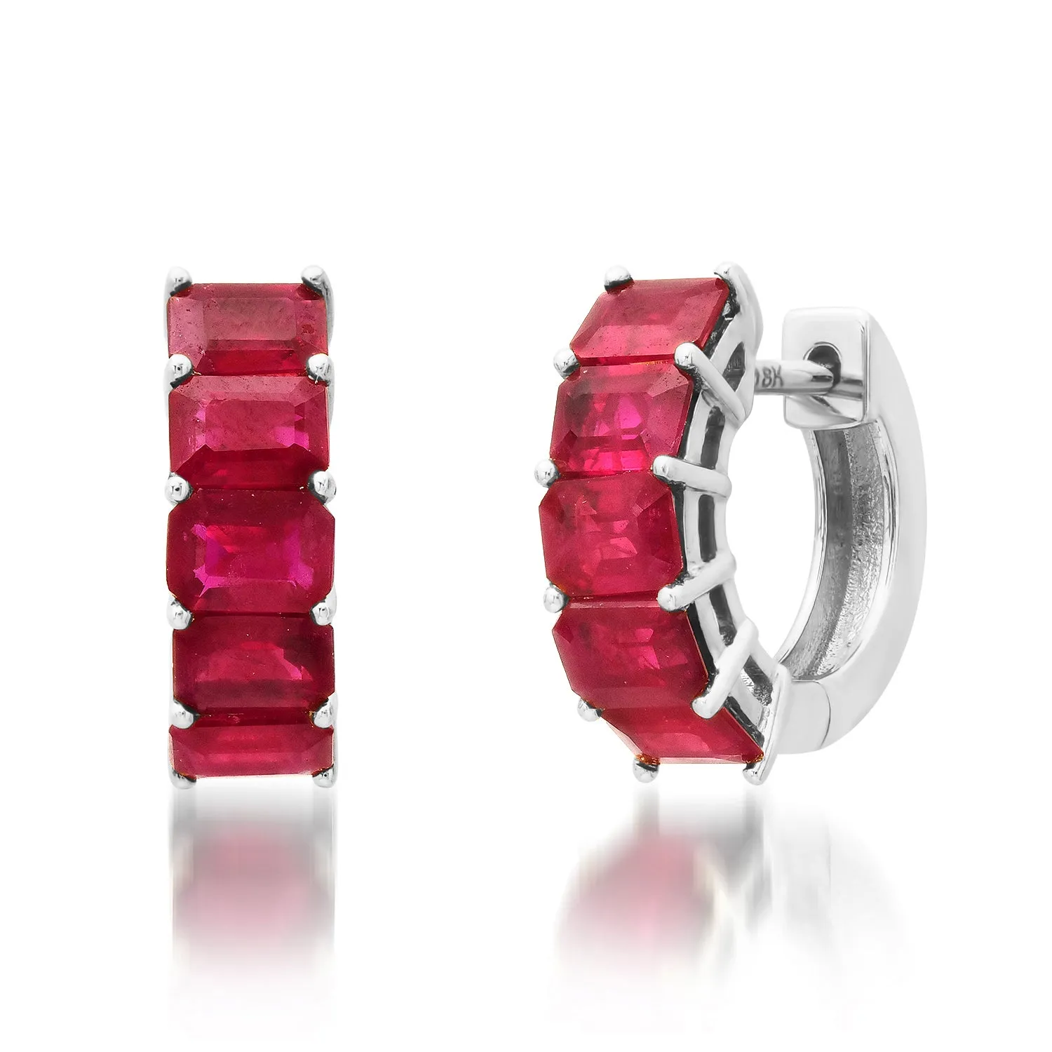 Vibrant Emerald Cut Ruby Huggie Hoop Earrings
