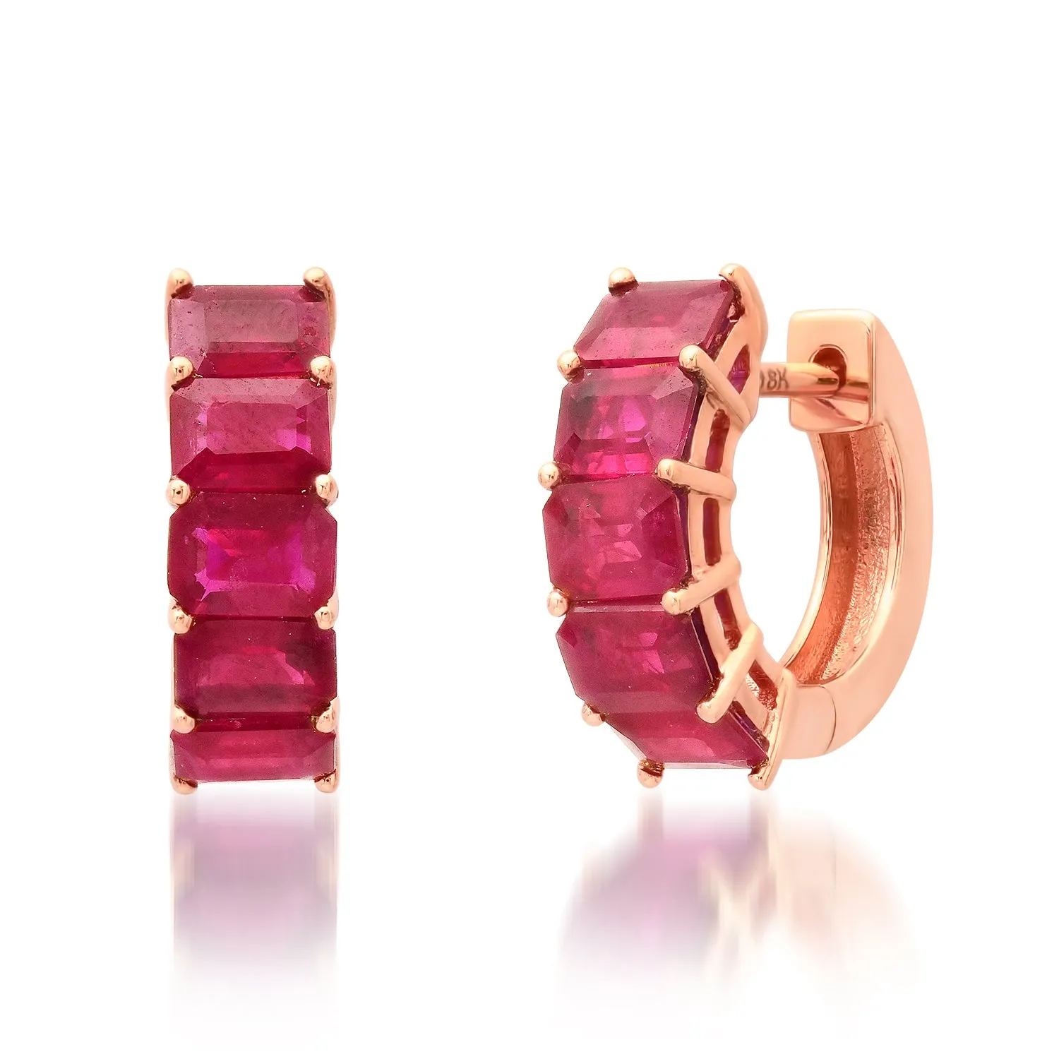 Vibrant Emerald Cut Ruby Huggie Hoop Earrings