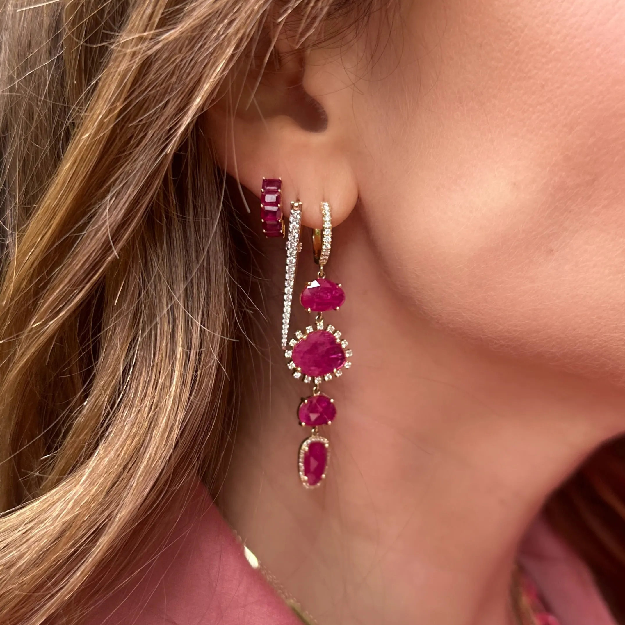 Vibrant Emerald Cut Ruby Huggie Hoop Earrings