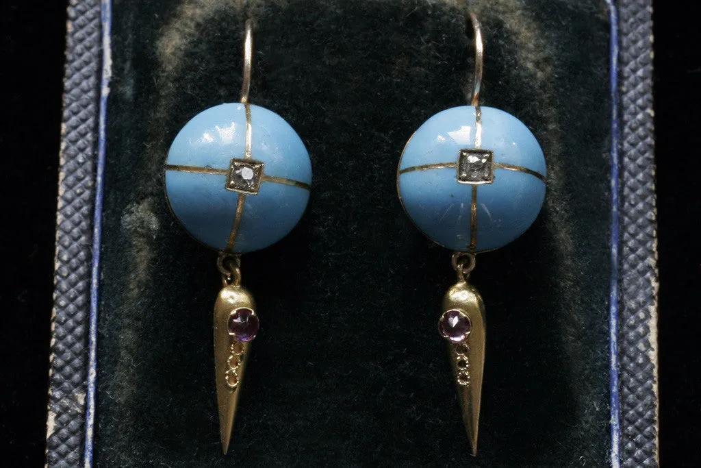 Victorian Blue Enamel and Diamond Earrings