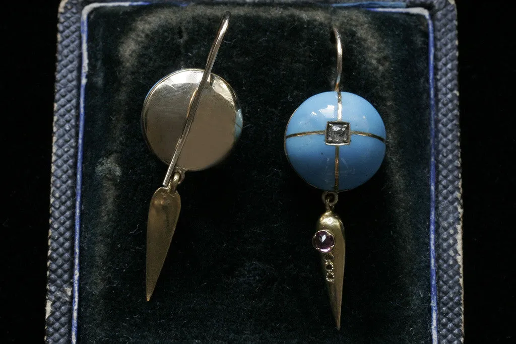 Victorian Blue Enamel and Diamond Earrings