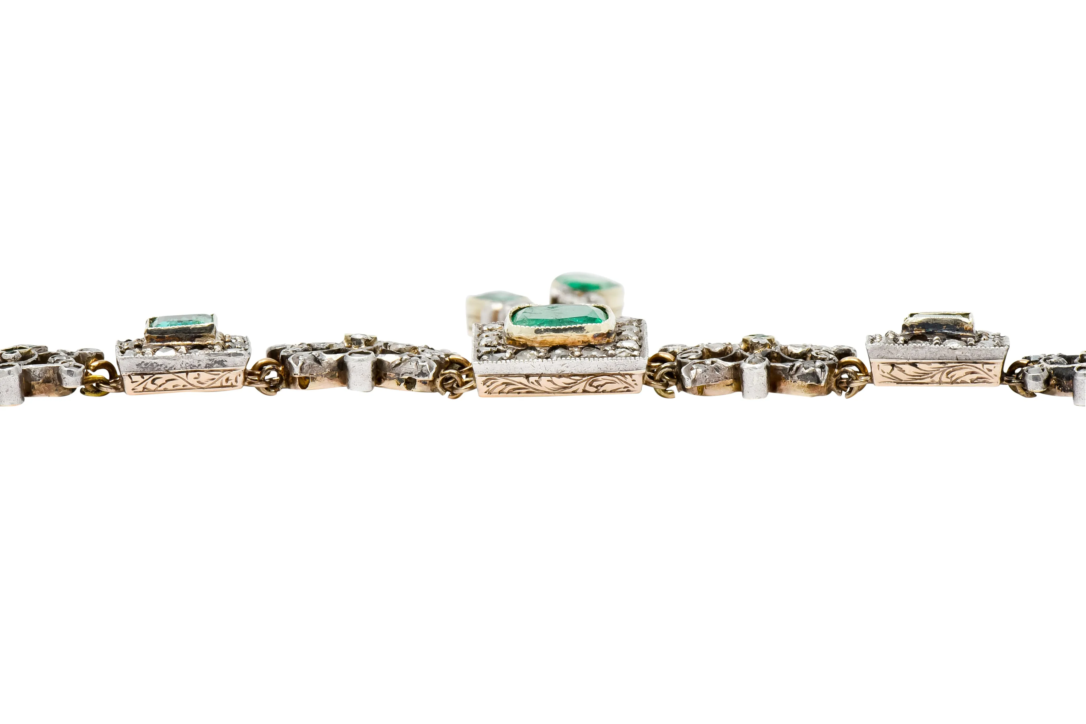 Victorian Emerald Rose Cut Diamond Silver-Topped 14 Karat Gold Collar Necklace