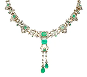Victorian Emerald Rose Cut Diamond Silver-Topped 14 Karat Gold Collar Necklace