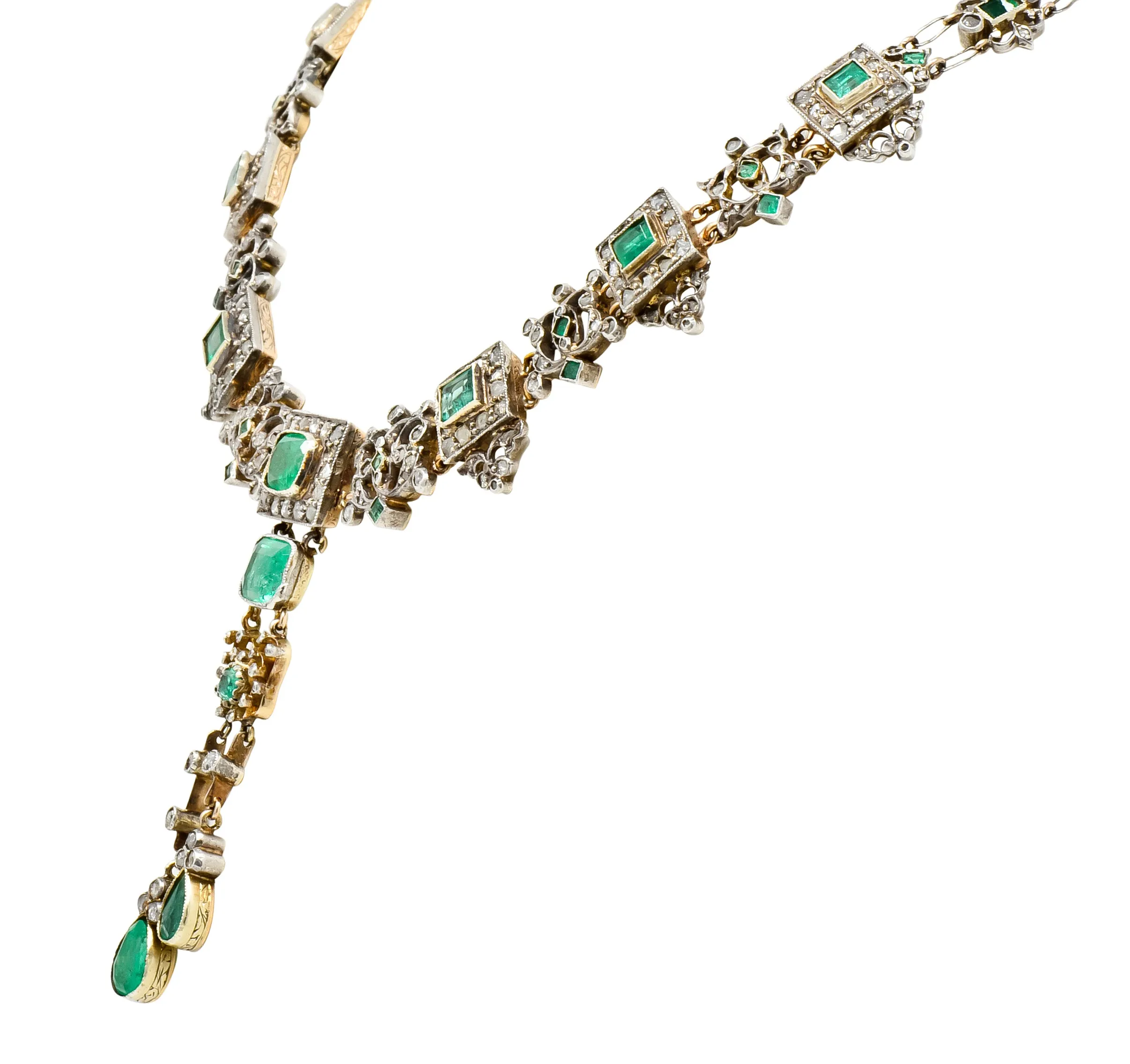 Victorian Emerald Rose Cut Diamond Silver-Topped 14 Karat Gold Collar Necklace