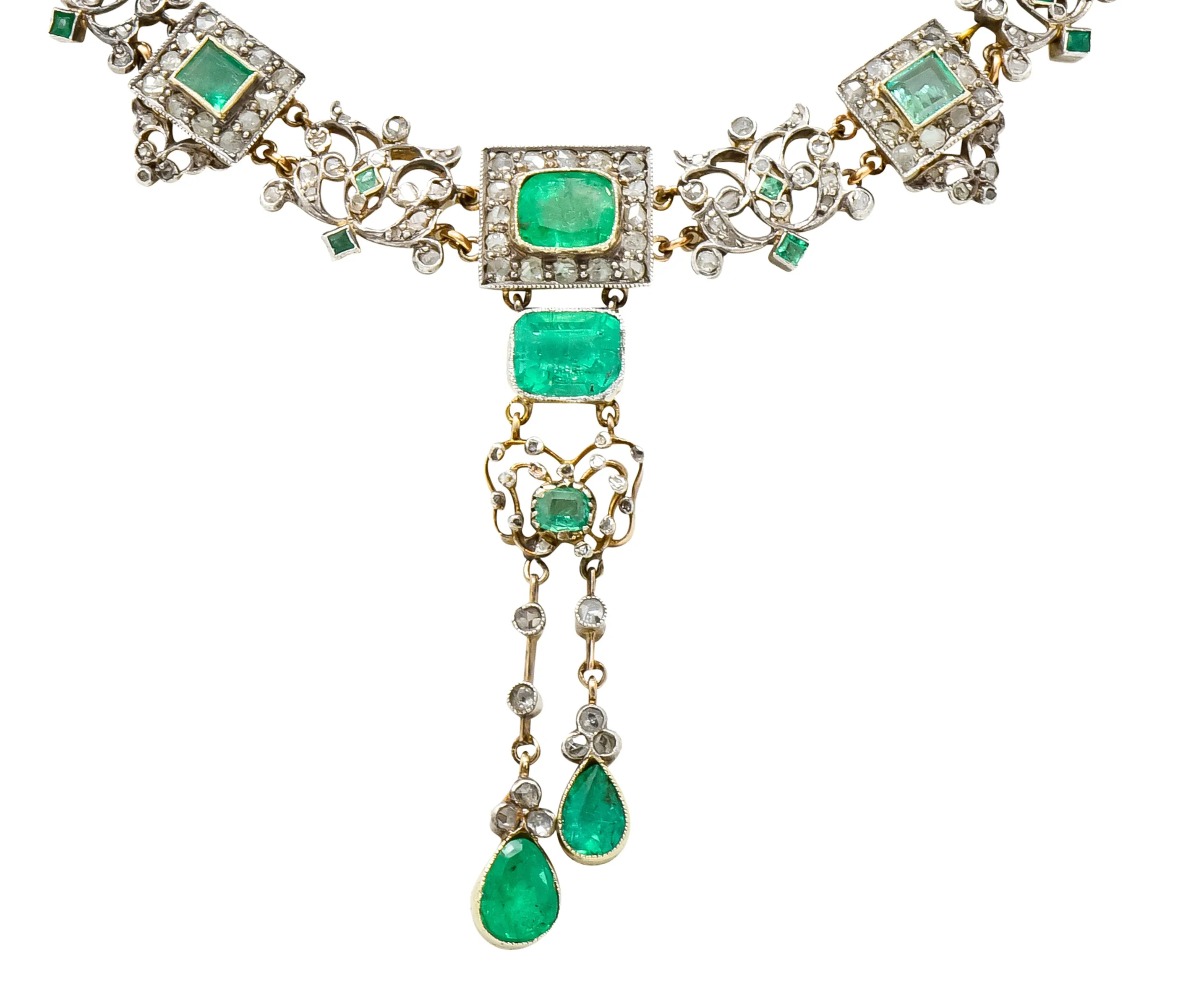 Victorian Emerald Rose Cut Diamond Silver-Topped 14 Karat Gold Collar Necklace