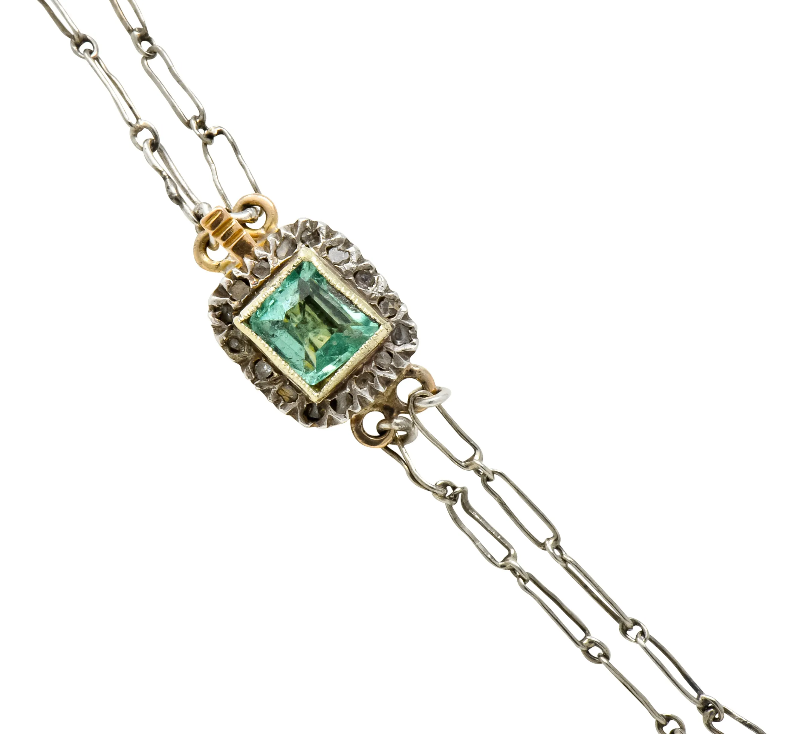 Victorian Emerald Rose Cut Diamond Silver-Topped 14 Karat Gold Collar Necklace