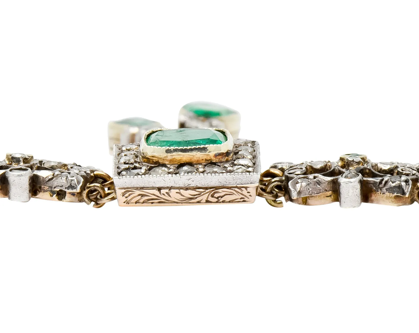 Victorian Emerald Rose Cut Diamond Silver-Topped 14 Karat Gold Collar Necklace