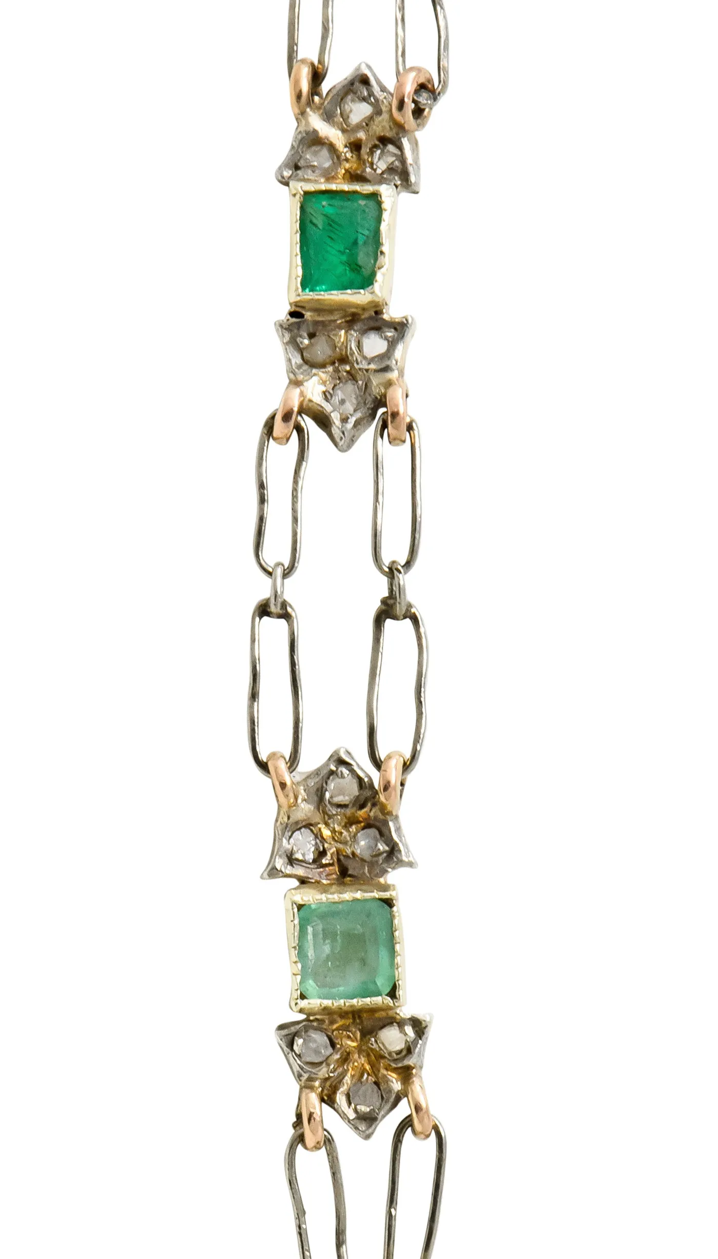 Victorian Emerald Rose Cut Diamond Silver-Topped 14 Karat Gold Collar Necklace