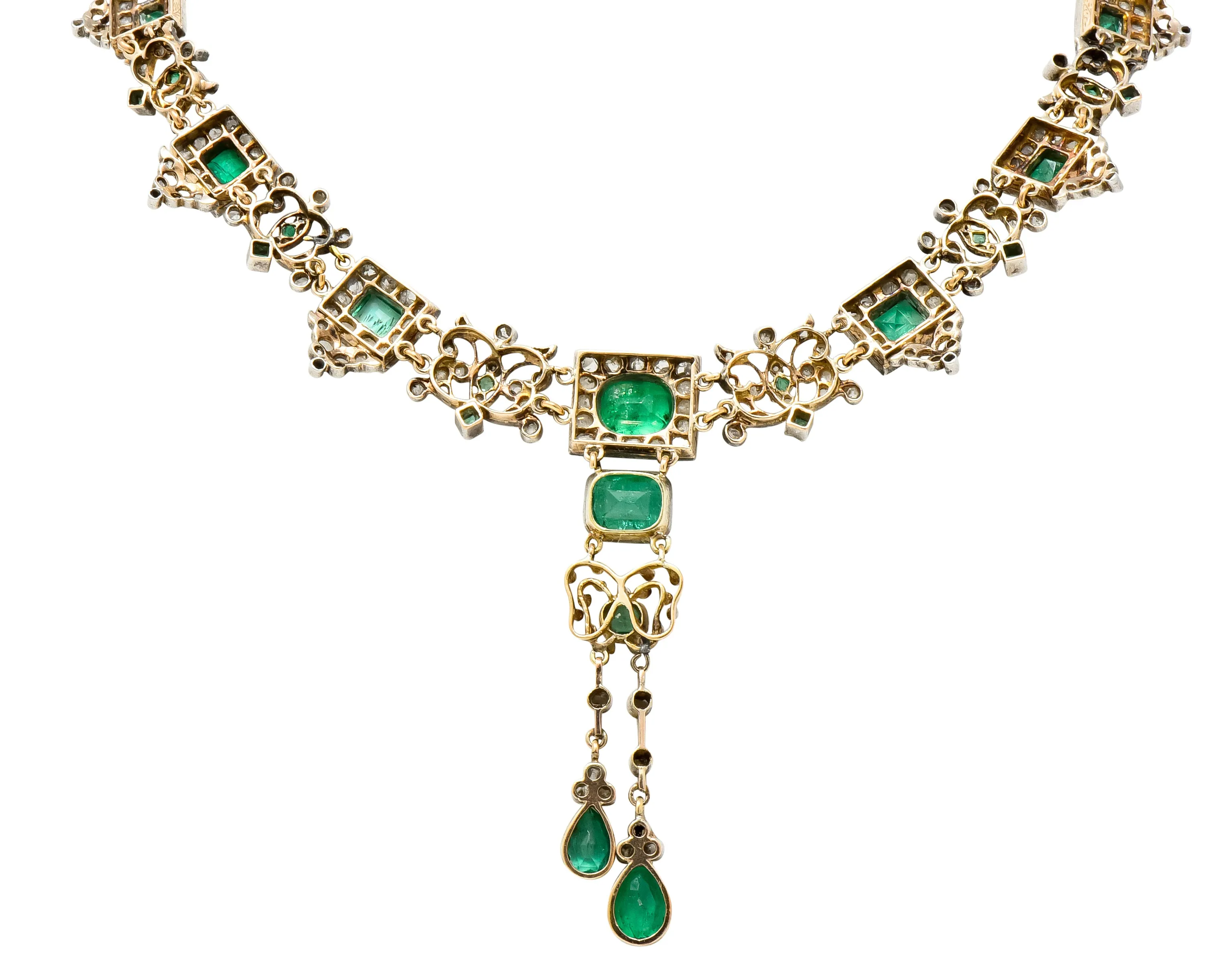 Victorian Emerald Rose Cut Diamond Silver-Topped 14 Karat Gold Collar Necklace