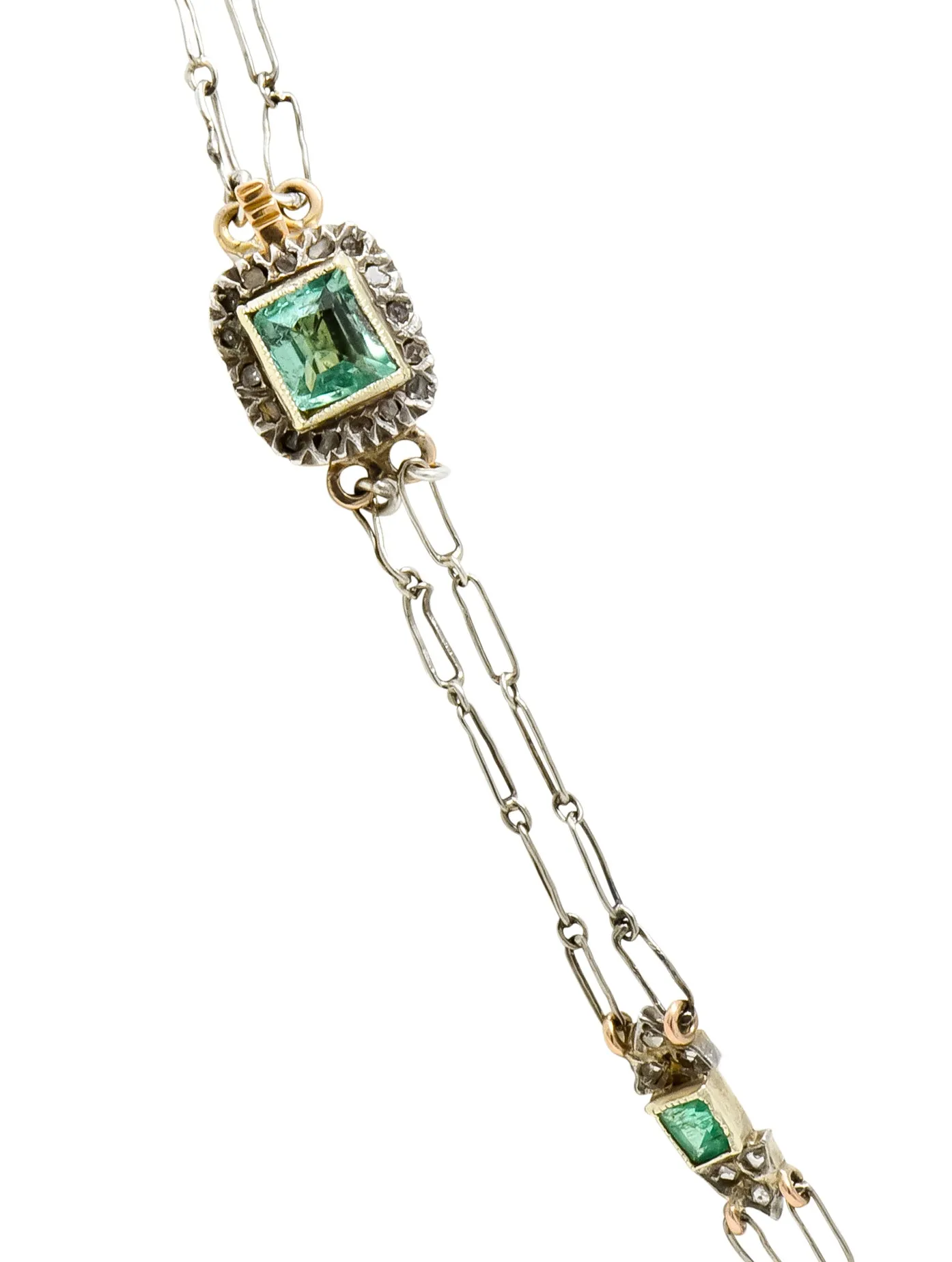 Victorian Emerald Rose Cut Diamond Silver-Topped 14 Karat Gold Collar Necklace