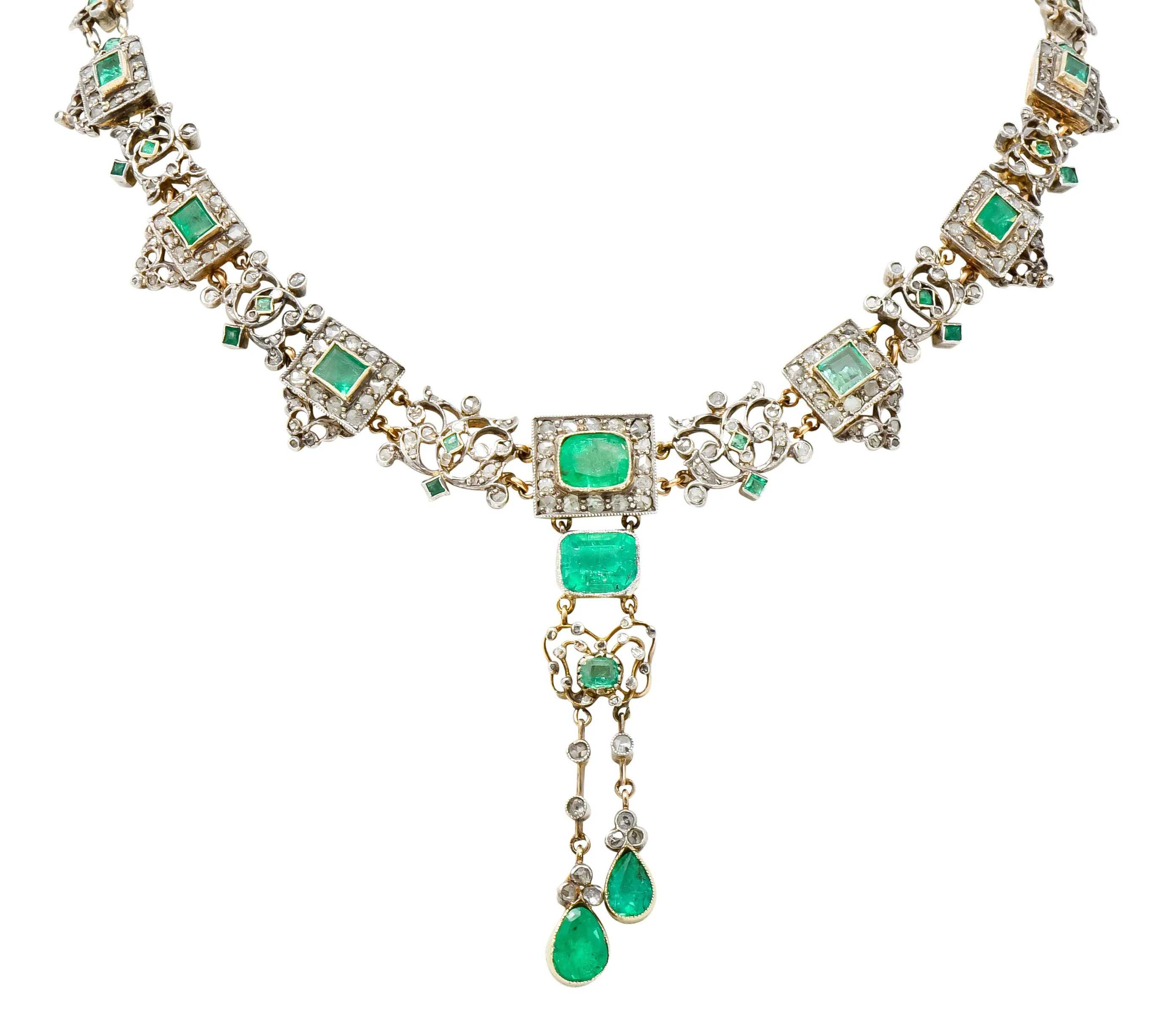 Victorian Emerald Rose Cut Diamond Silver-Topped 14 Karat Gold Collar Necklace