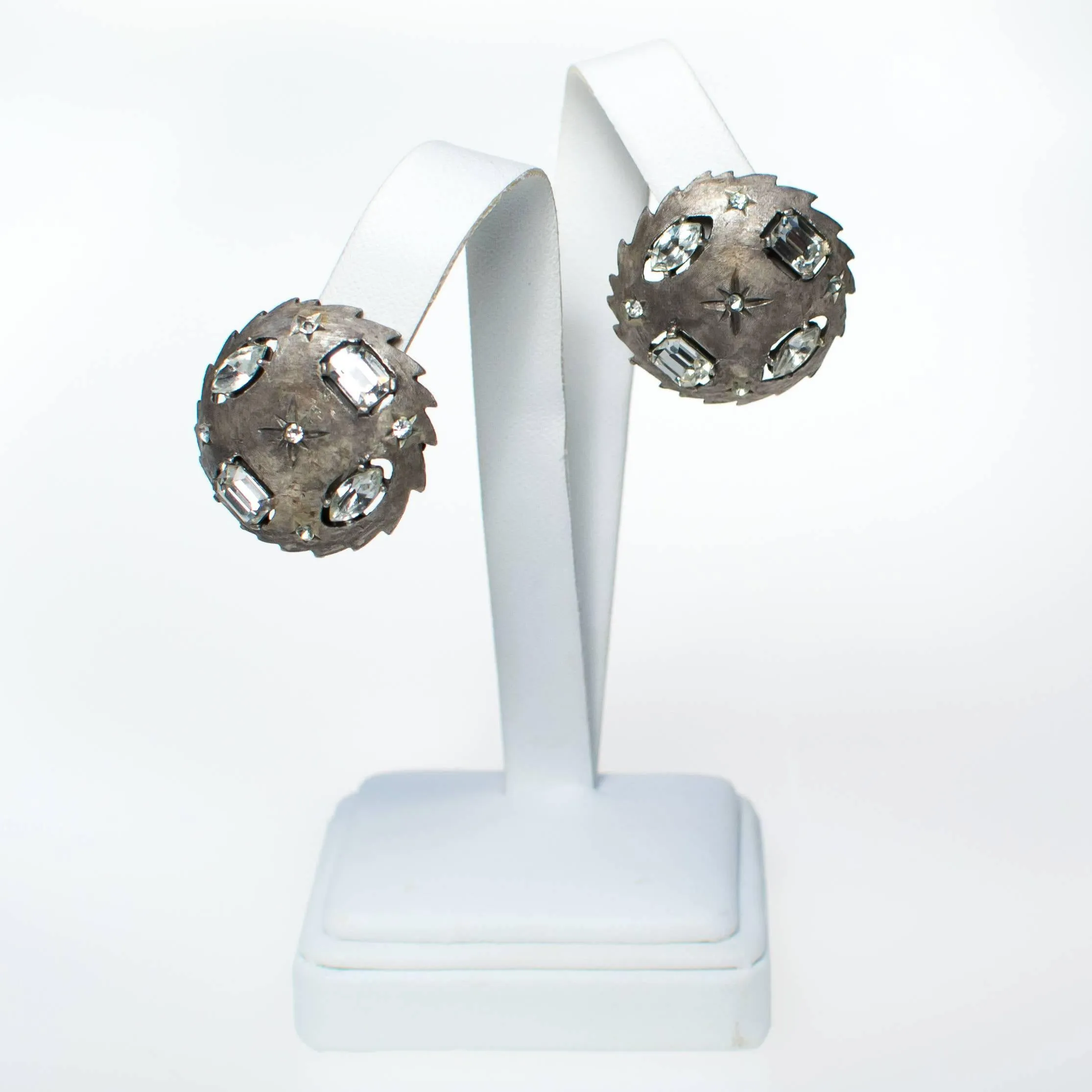 Vintage Mid Century Modern Silver Earrings with Stars and Rhinestones