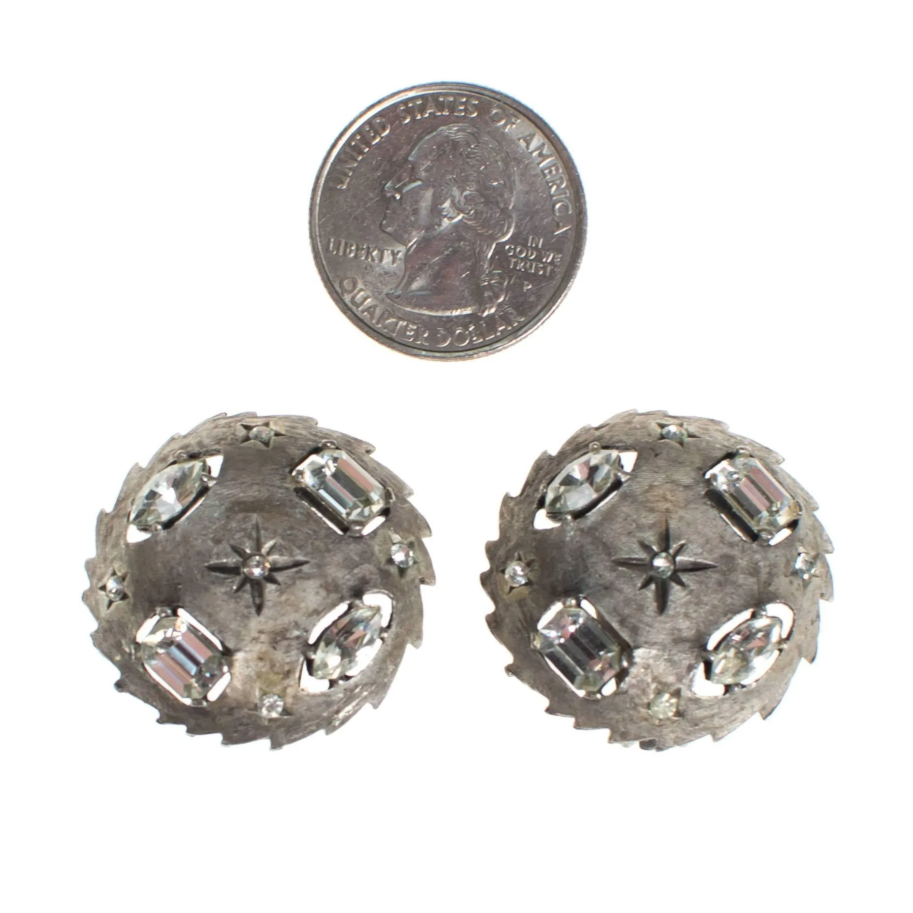 Vintage Mid Century Modern Silver Earrings with Stars and Rhinestones