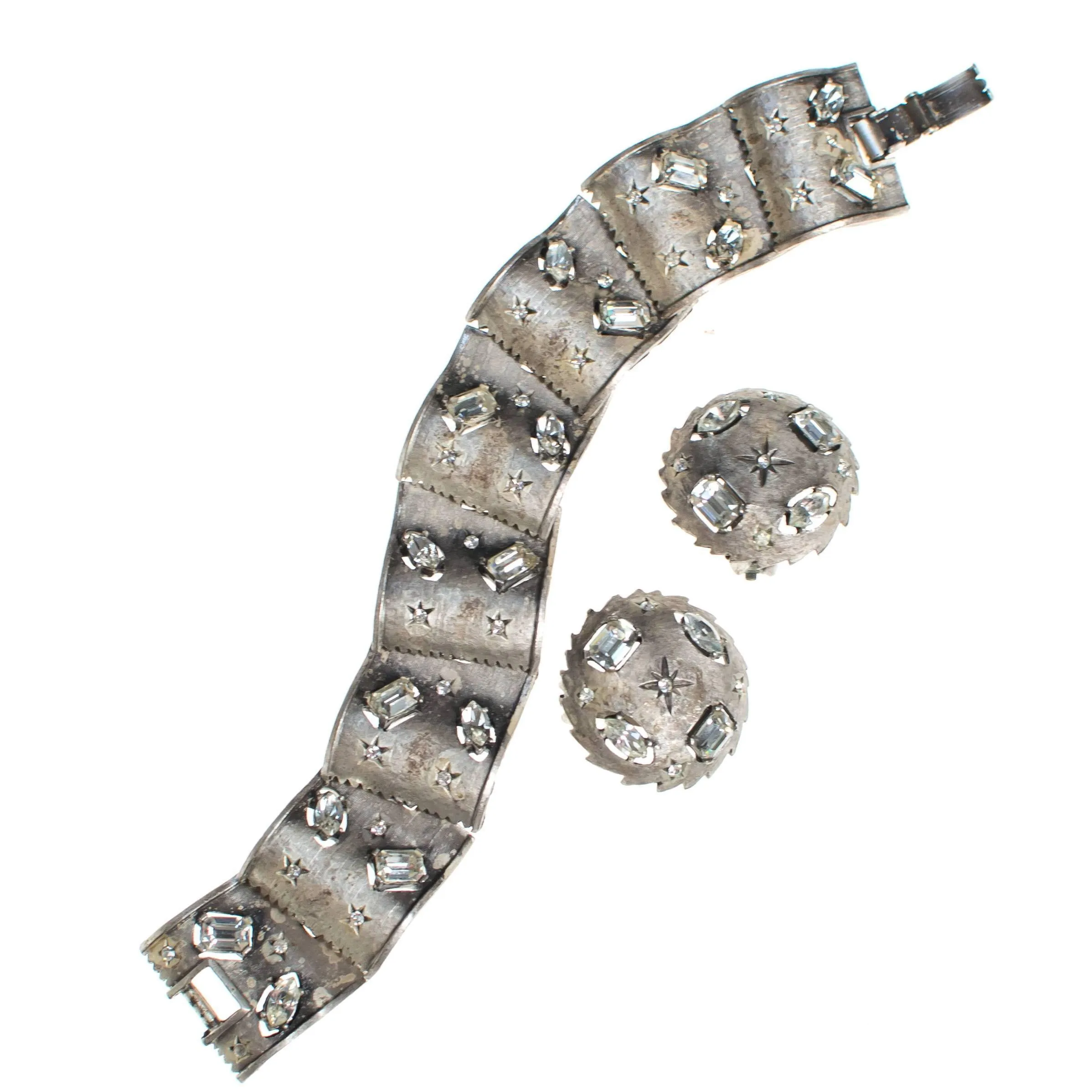 Vintage Mid Century Modern Silver Earrings with Stars and Rhinestones