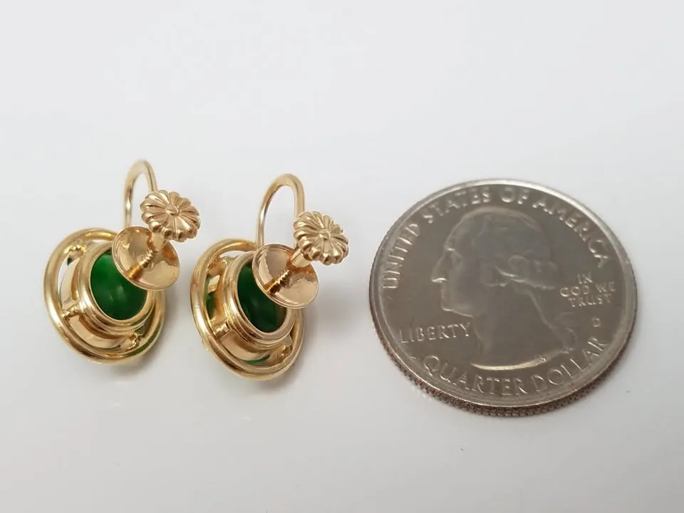Vintage Natural Jade 14k Yellow Gold Non-Pierced Earrings