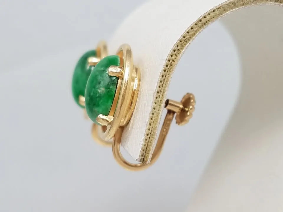 Vintage Natural Jade 14k Yellow Gold Non-Pierced Earrings