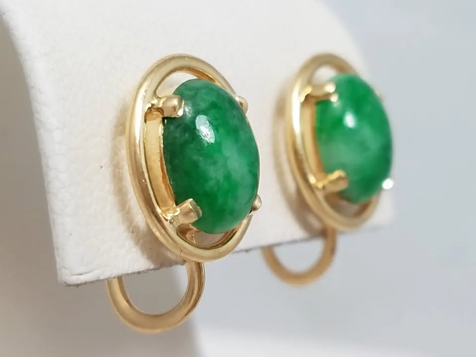 Vintage Natural Jade 14k Yellow Gold Non-Pierced Earrings
