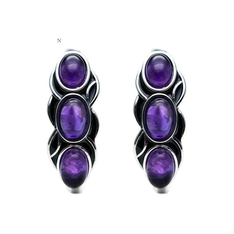 Vintage Style Natural Africa Amethyst Gemstone 925 Sterling Silver Earrings