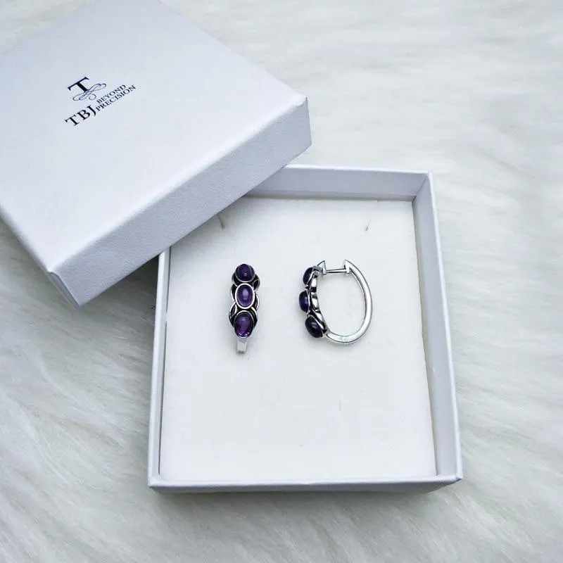 Vintage Style Natural Africa Amethyst Gemstone 925 Sterling Silver Earrings