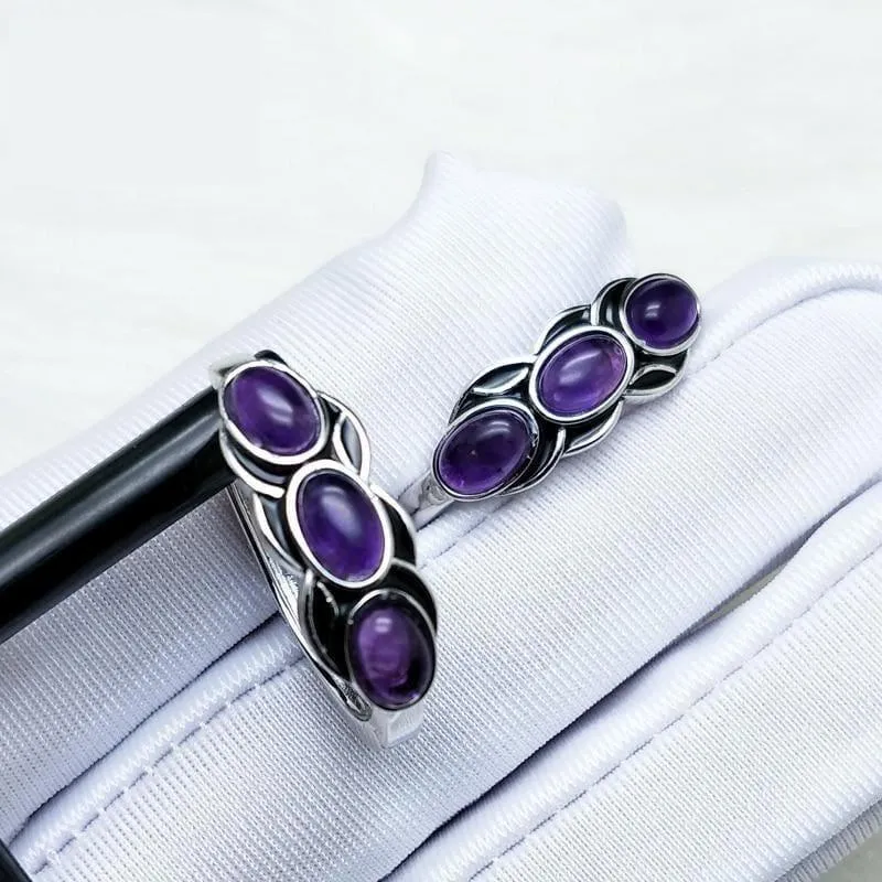 Vintage Style Natural Africa Amethyst Gemstone 925 Sterling Silver Earrings