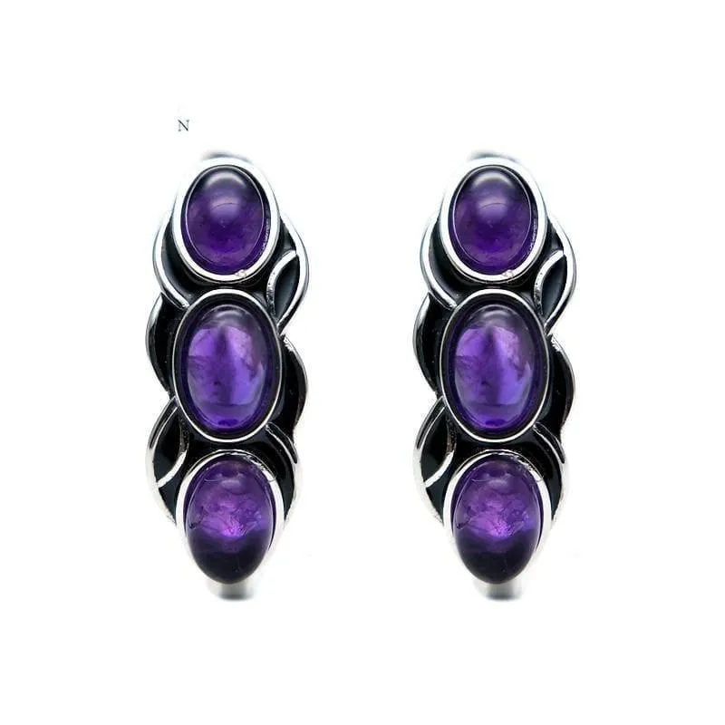 Vintage Style Natural Africa Amethyst Gemstone 925 Sterling Silver Earrings