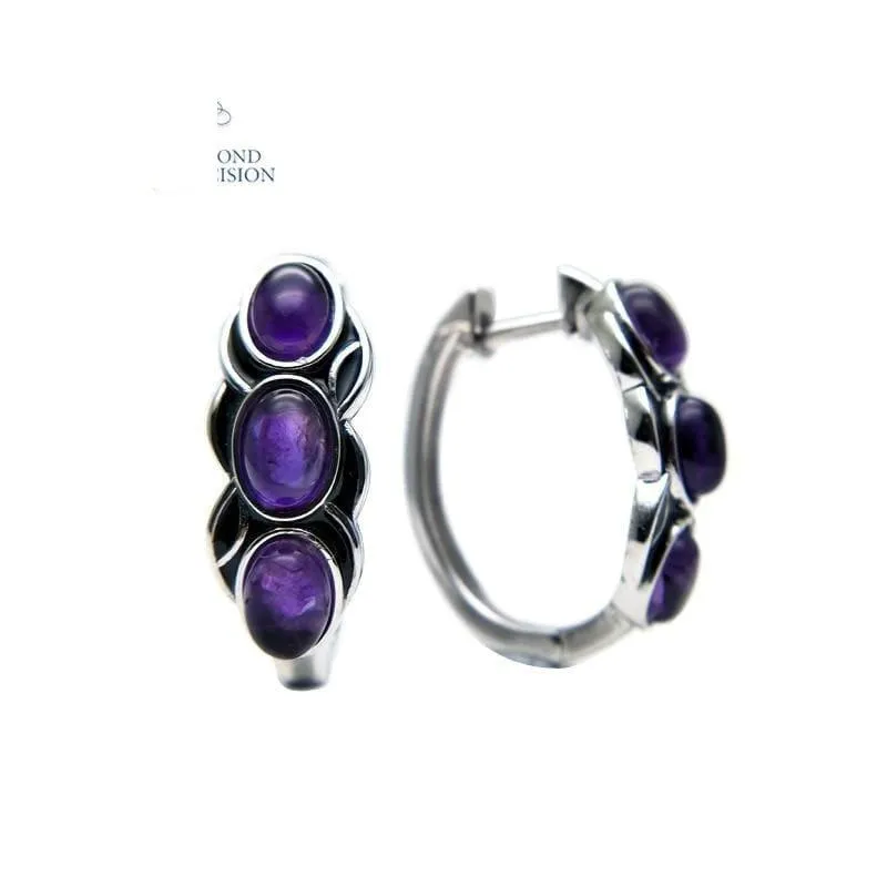 Vintage Style Natural Africa Amethyst Gemstone 925 Sterling Silver Earrings