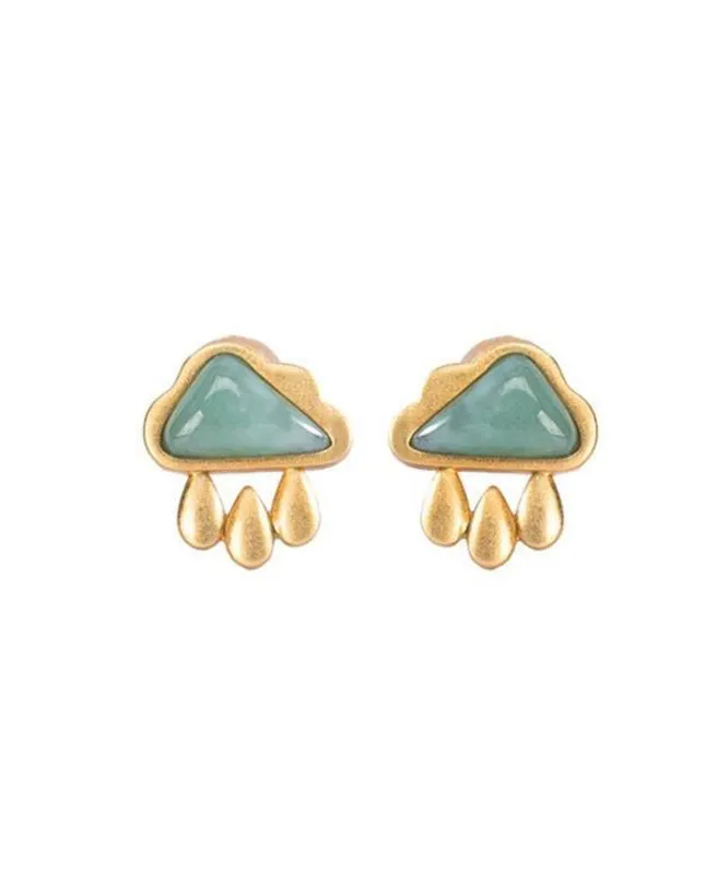 Vogue Green Sterling Silver Overgild Jade Cloud Water Drop Stud Earrings