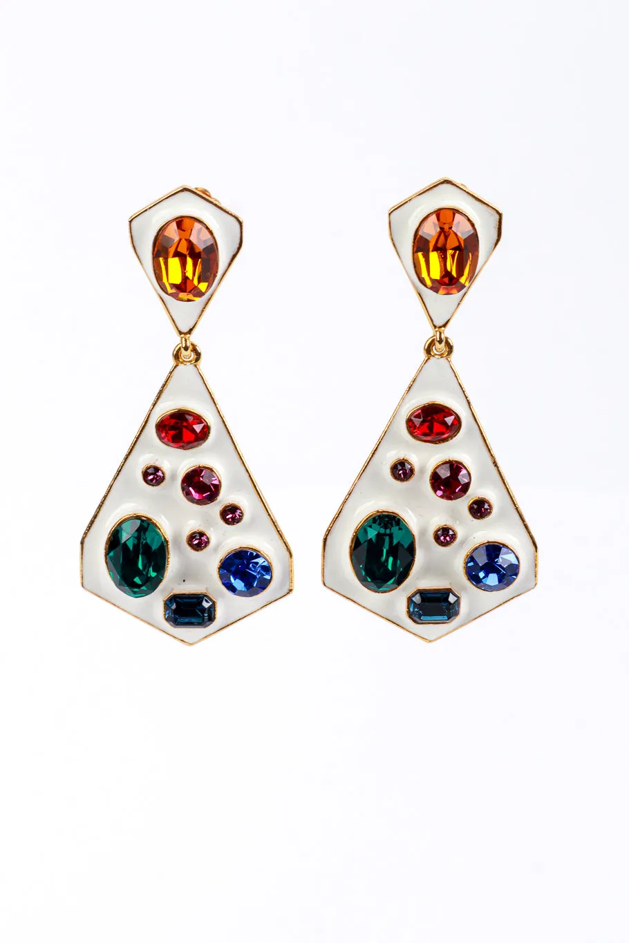 White Enamel & Crystals Geo Drop Earrings