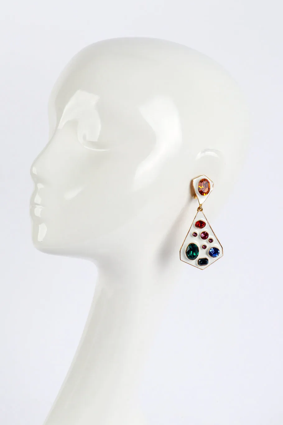 White Enamel & Crystals Geo Drop Earrings