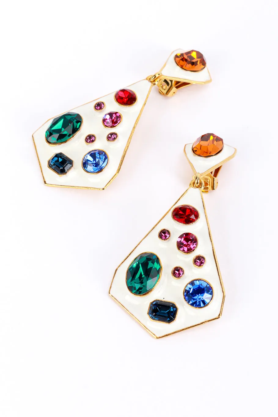 White Enamel & Crystals Geo Drop Earrings