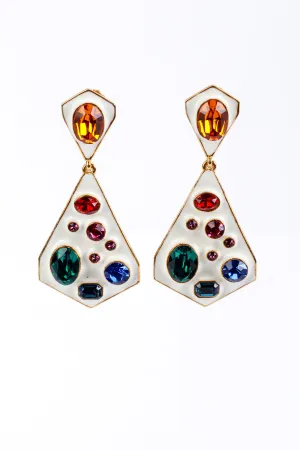 White Enamel & Crystals Geo Drop Earrings