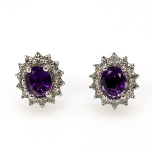 White Gold Oval Amethyst Stud Earrings with Diamond Halo