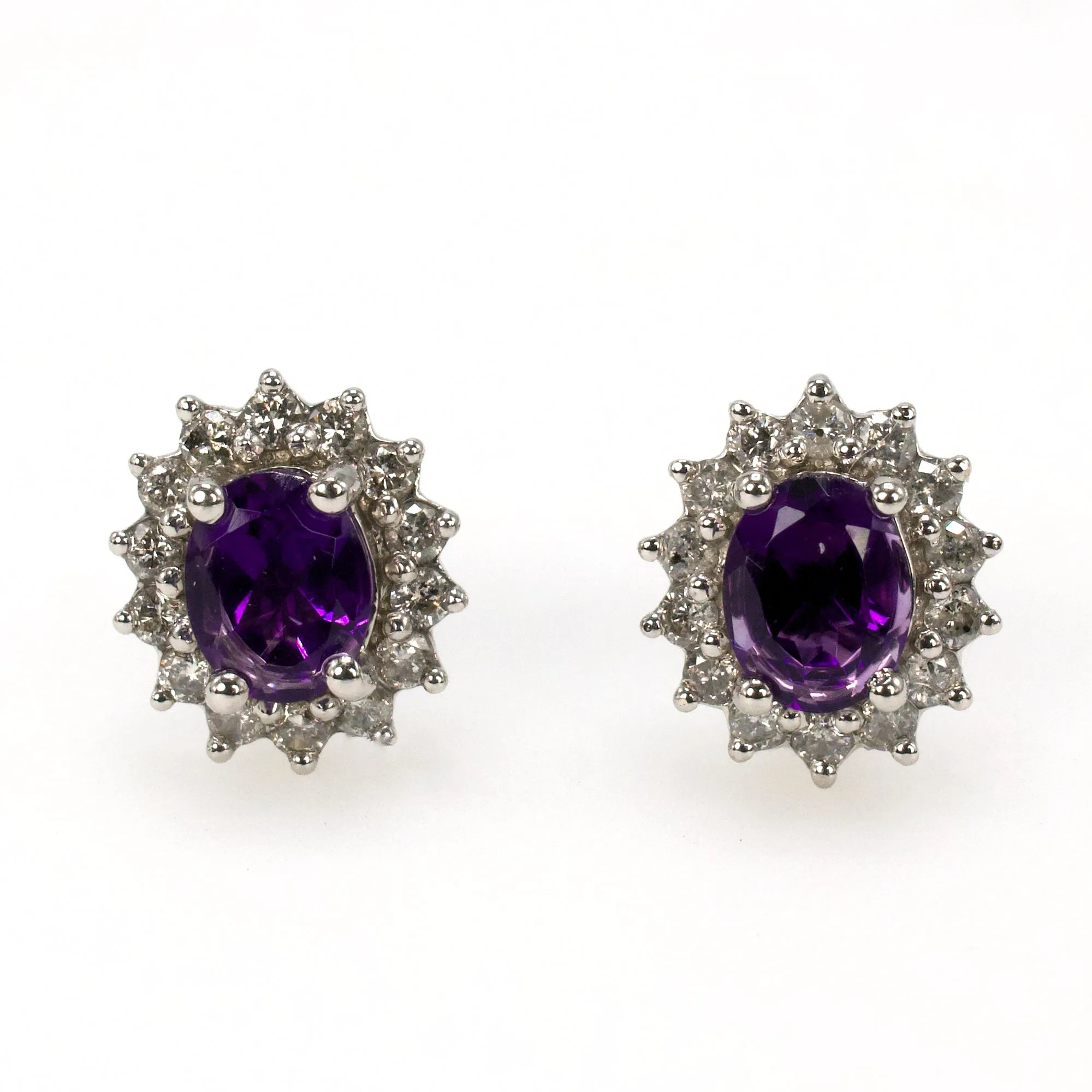 White Gold Oval Amethyst Stud Earrings with Diamond Halo