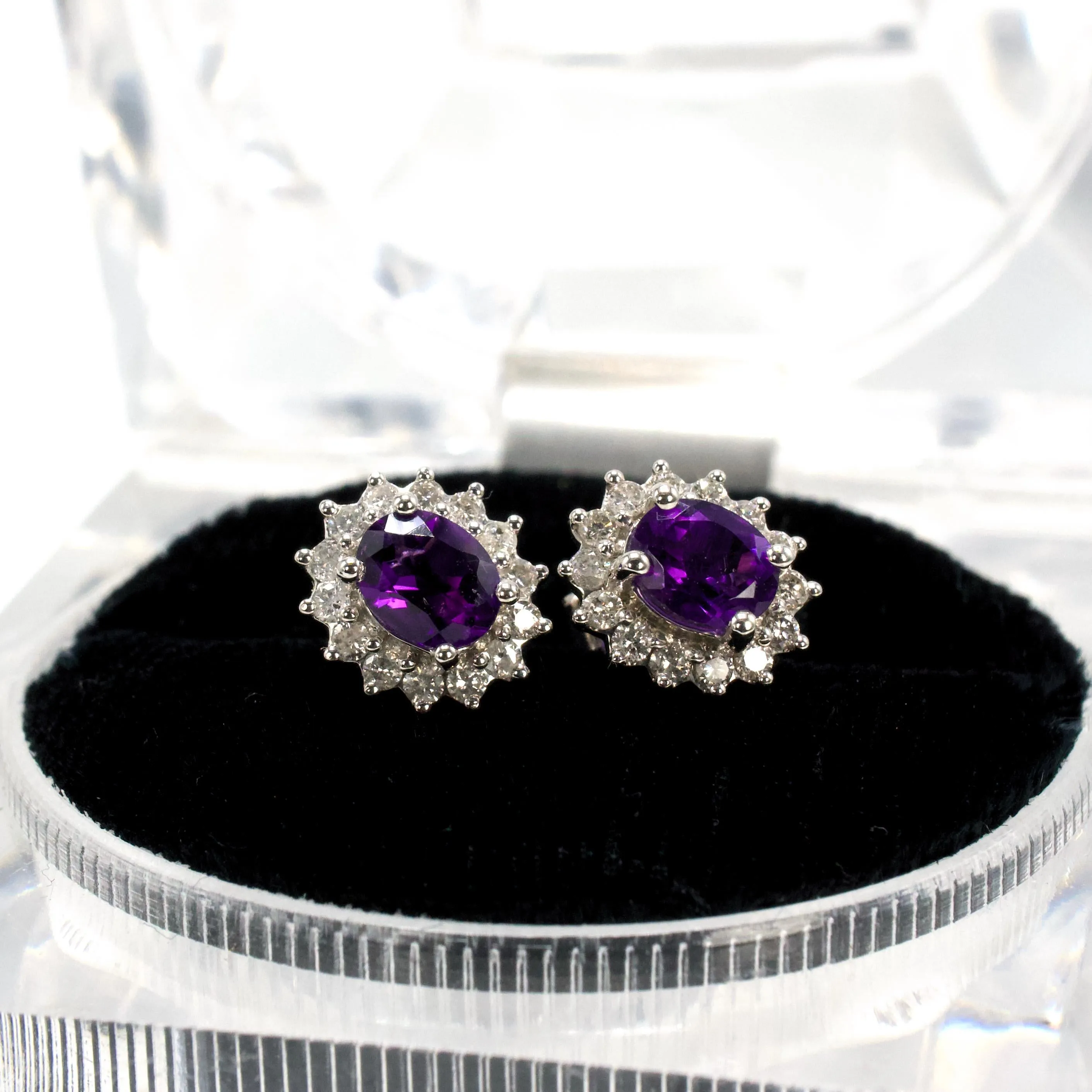 White Gold Oval Amethyst Stud Earrings with Diamond Halo