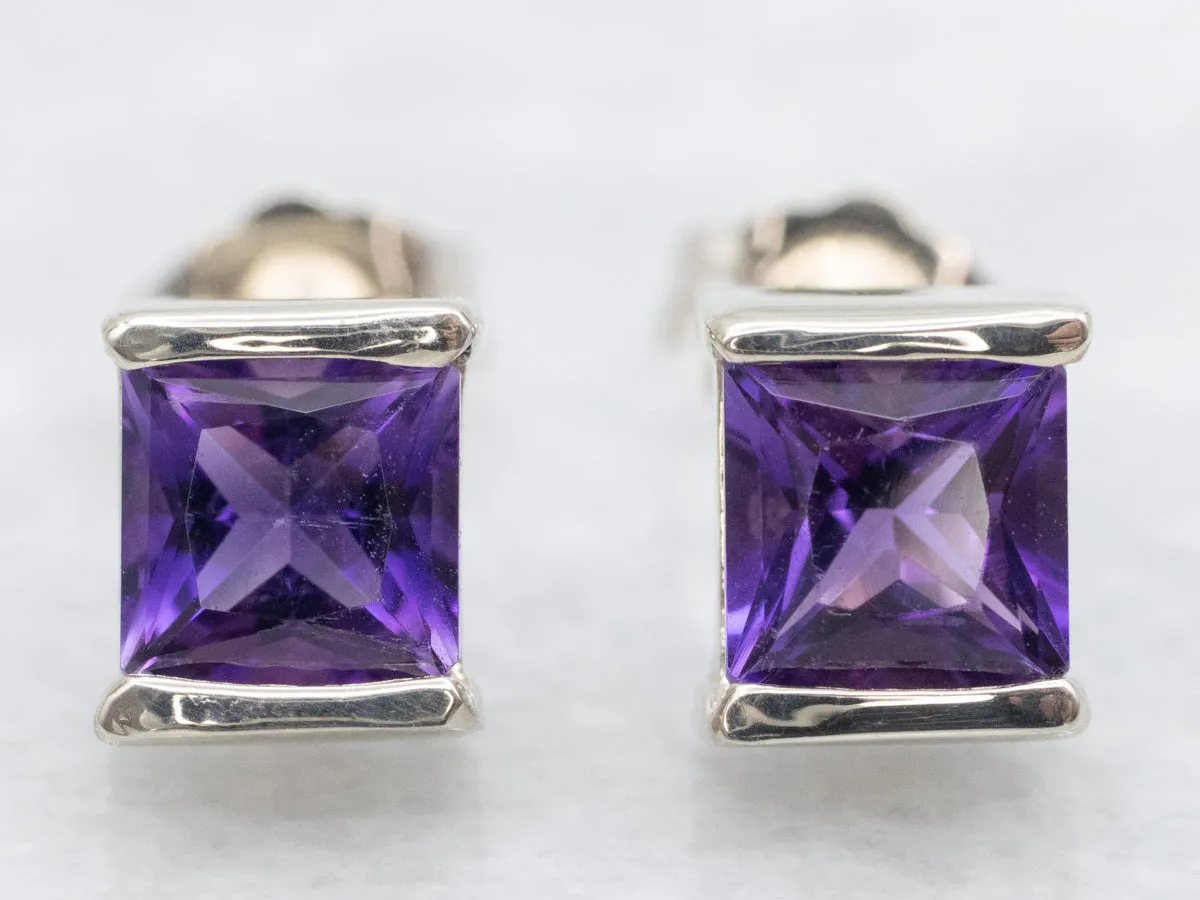 White Gold Semi-Prong Set Amethyst Stud Earrings