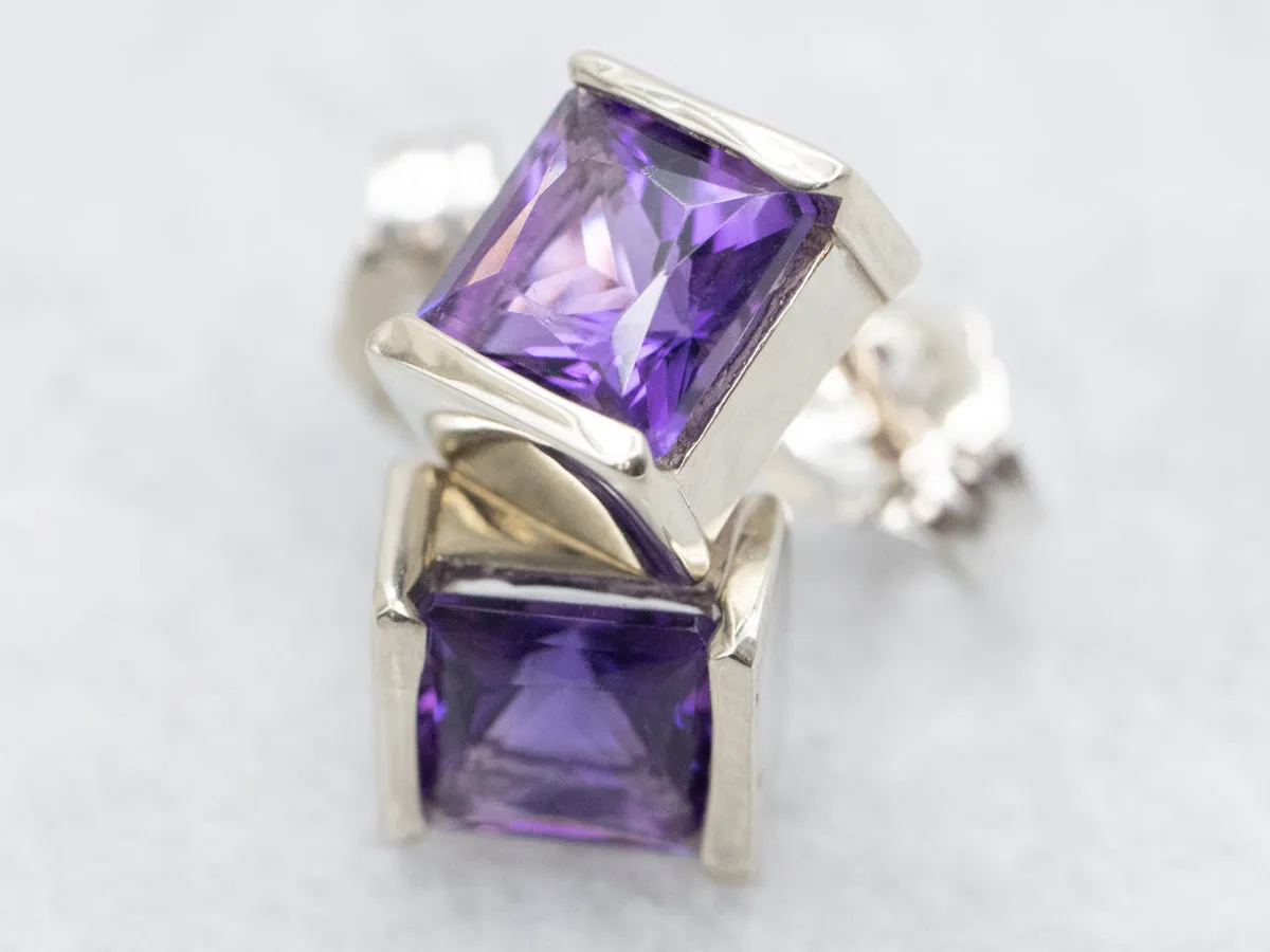White Gold Semi-Prong Set Amethyst Stud Earrings