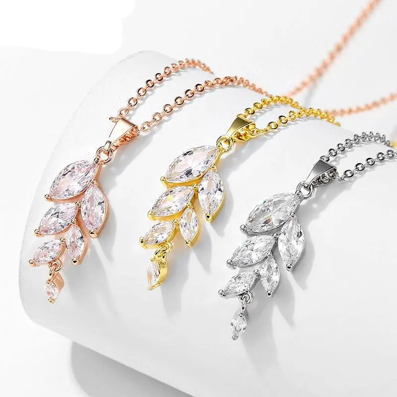 White Sapphire Leaf Hook Earrings Necklace Set for Women Bridal Jewelry