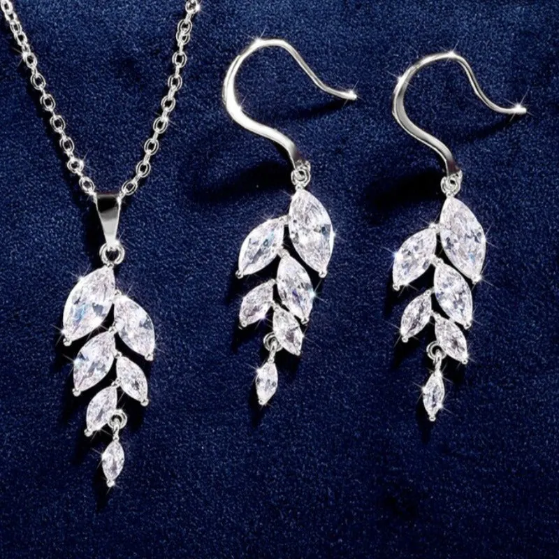 White Sapphire Leaf Hook Earrings Necklace Set for Women Bridal Jewelry